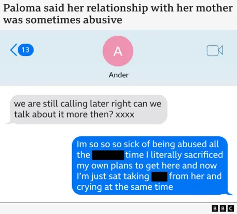 A graphic showing texts between Paloma and her boyfriend Anders, with Paloma telling him: "I'm so so so sick of being abused all the [REDACTED] time I literally sacrificed my own plans to get here and now I'm just sat taking [REDACTED] from her and crying at the same time".