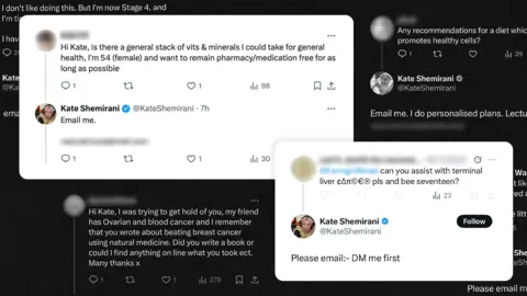 Graphic showing several posts on X overlapping each other, featuring people asking for advice from Kate Shemirani replying, requesting that they email her. One asks: "Hi Kate, Is there a general stack of vits and minerals I could take for general health, I'm 54 (female) and want to remain pharmacy/medication free for as long as possible". Another asks if she can assist with "terminal liver cancer" (spelling the letters of cancer out with symbols). She tells them both to email her. And another asks about a friend with ovarian and blood cancer: "I remember you wrote about beating breast cancer using natural medicine. Did you write a book or could I find anything on line what you took ect." 