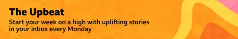  Thin, yellow, orange and pink banner promoting the Upbeat newsletter with text saying, “Start your week on a high with uplifting stories in your inbox every Monday”. There is a pattern of shapes and different shades of colour on the right of the text.