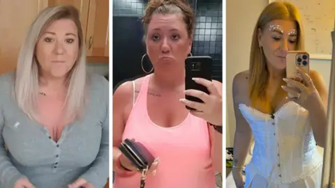 Tanya Hall Three pictures of Tanya at different stages in her weight loss. In the first pic on the left she is wearing a grey top, in the middle pic she is at the gym, and in the third pic she has lost weight and is wearing a white corset top and smiling at the camera