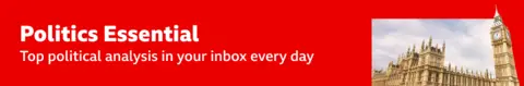 A red graphic banner that says on it Politics Essential. Top Political analysis in your inbox every day. There's a picture of Westminster next to the writing