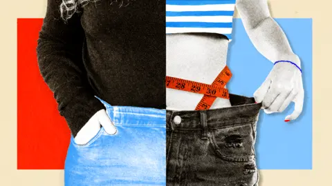 Illustration of a person's torso. The right half of their body is slimmer and their jeans are too loose on that side